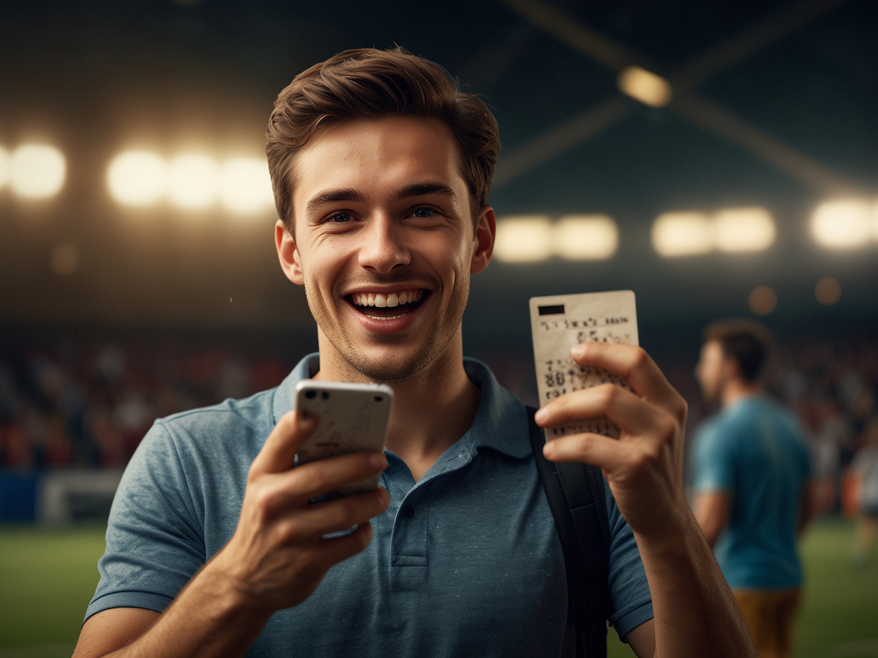 Jugador celebrando con móvil