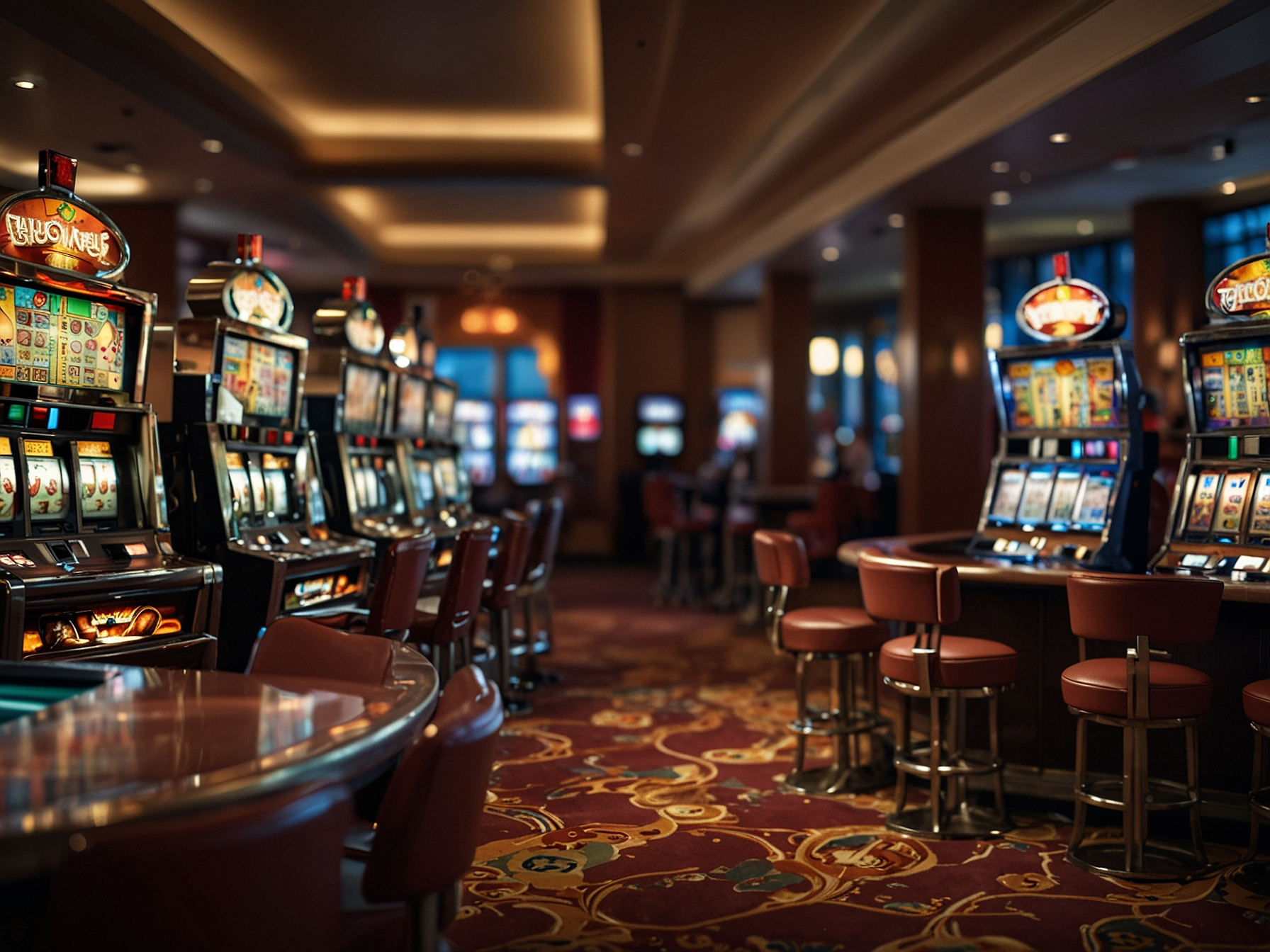 Interior de casino moderno con mesas y máquinas